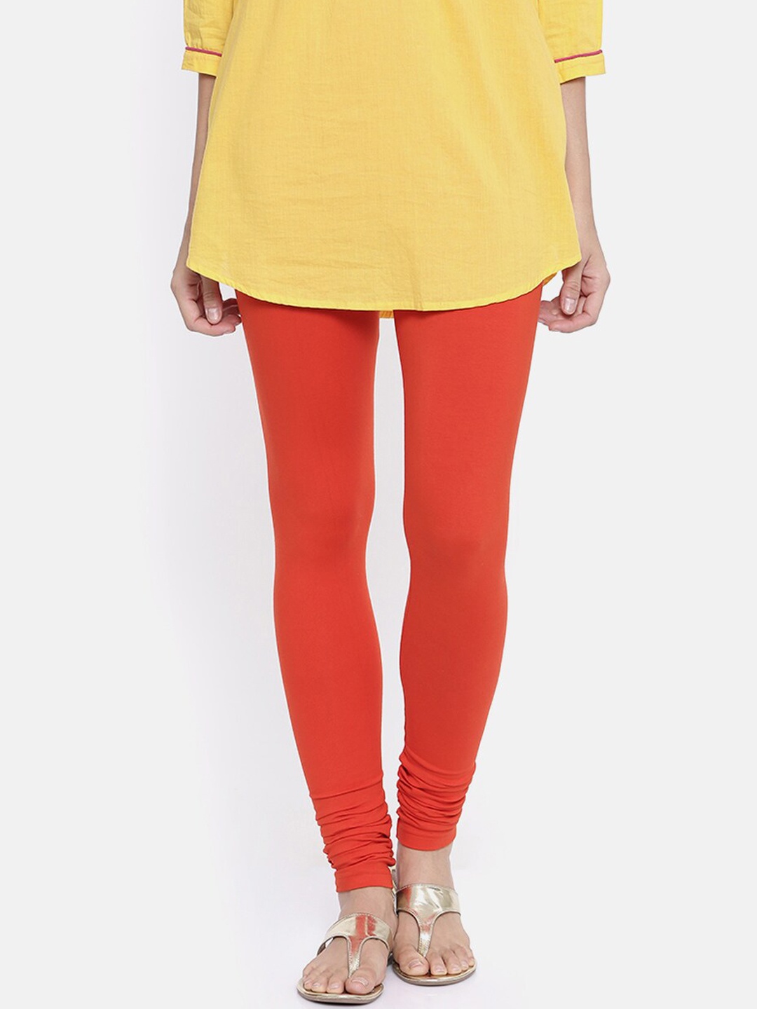 Bitz Women Orange Solid 100% Cotton Churidar-Length Leggings