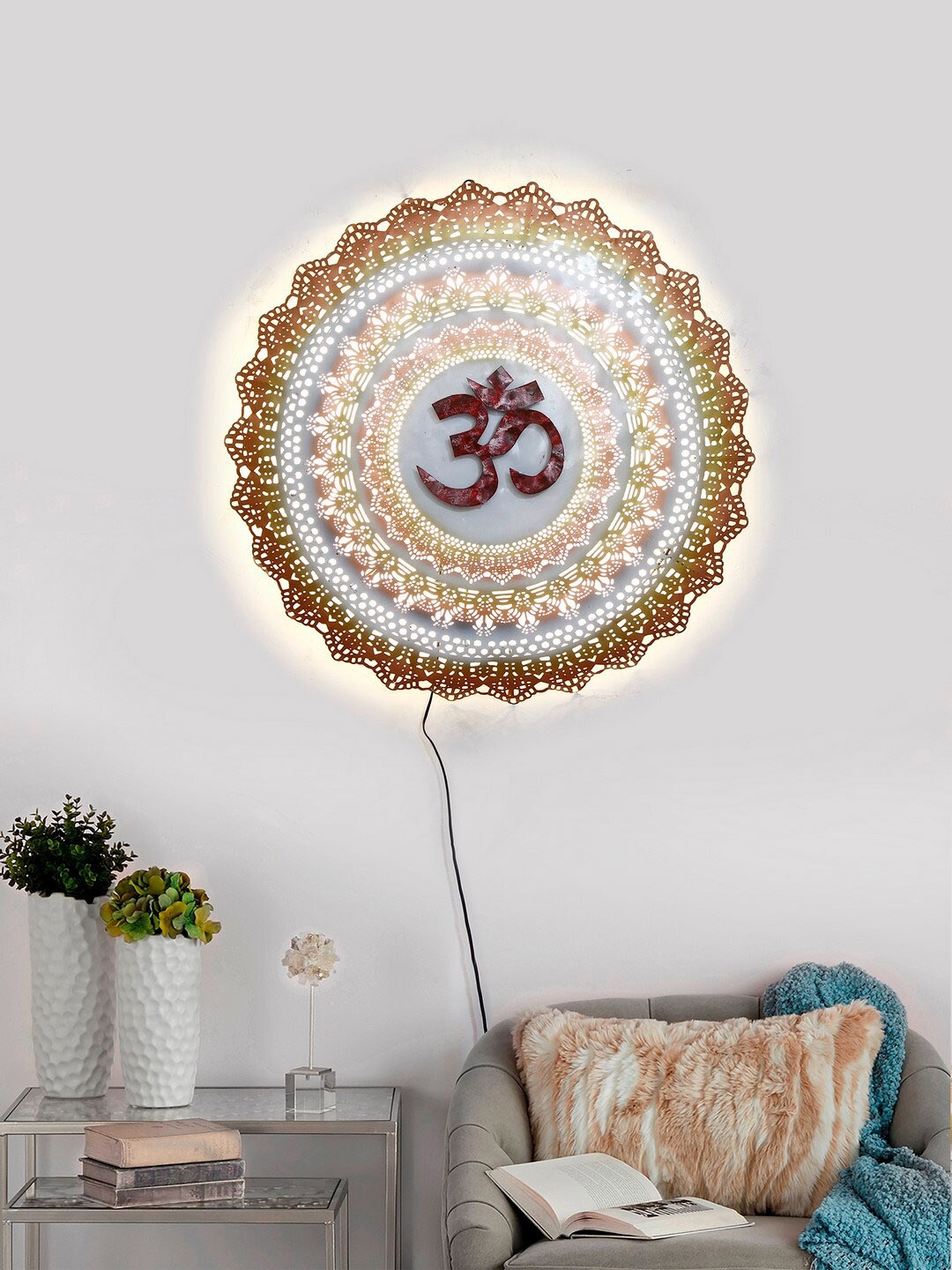eCraftIndia Red & White OM Handcrafted Carved Wall Hanging With LED Background