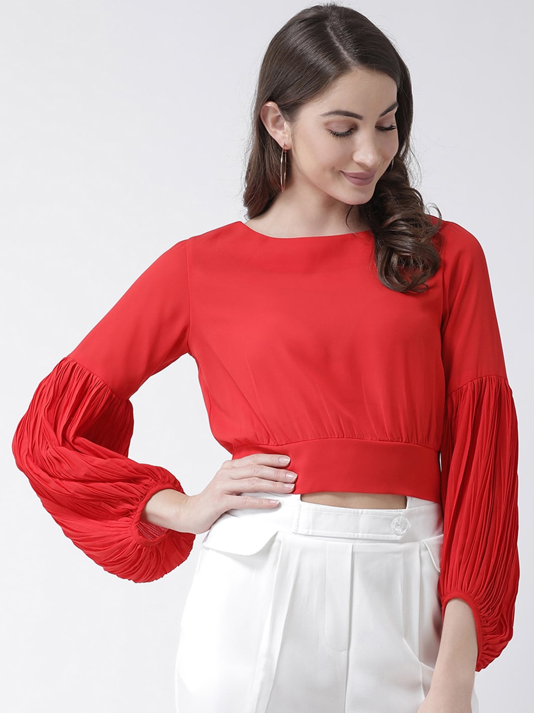 KASSUALLY Red Solid Bishop Sleeves Blouson Back Tie-Up Crop Top