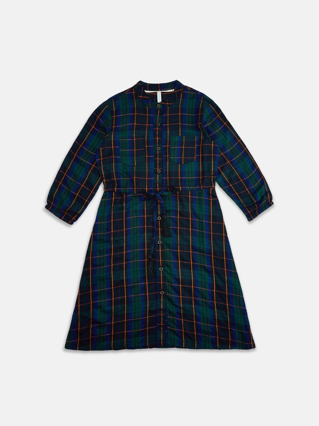 Pantaloons Junior Girls Green & Blue Checked Shirt Dress