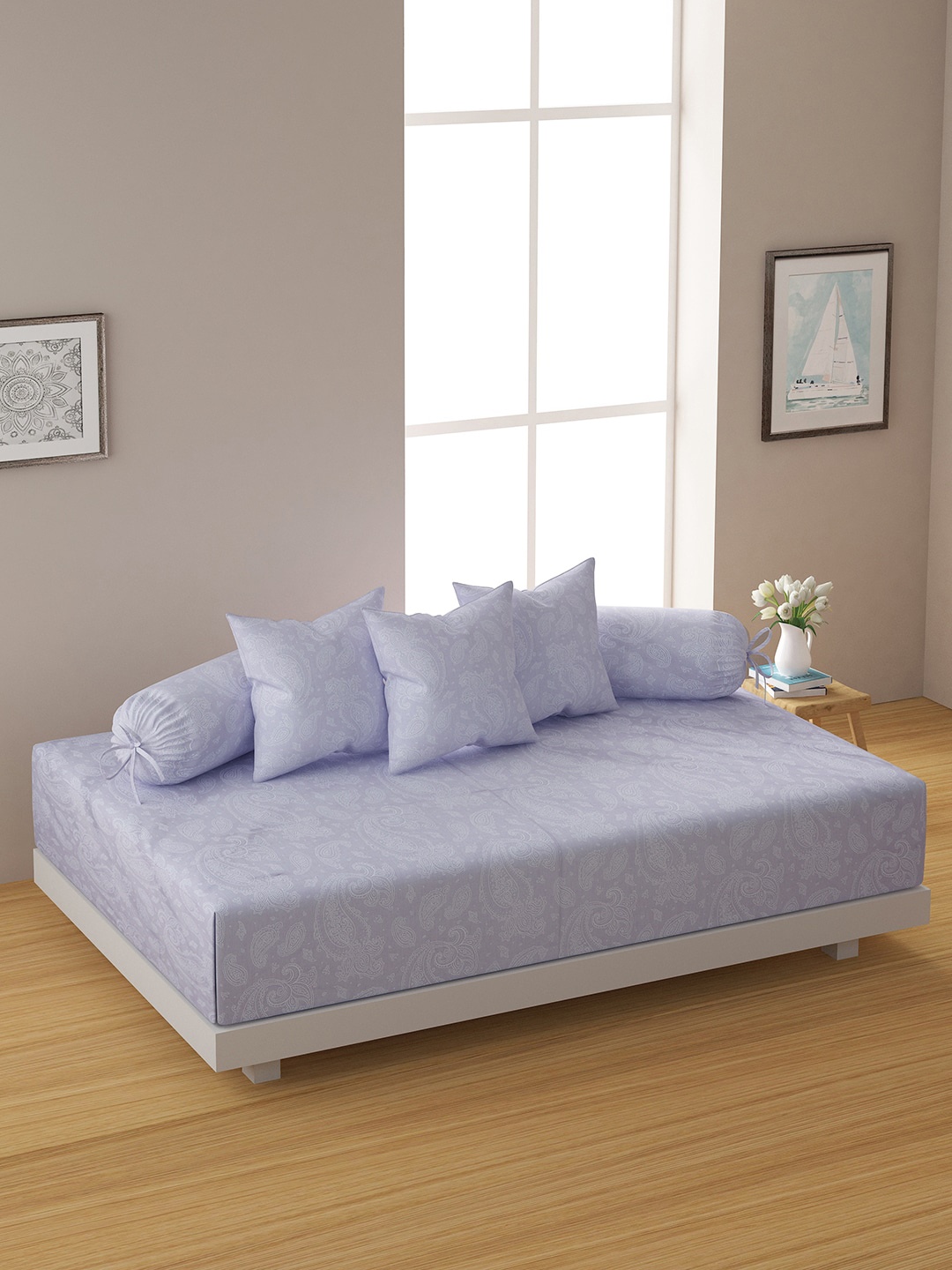 SWAYAM Set Of 6 Purple & White Printed Bedsheet With Bolster & Cushion Covers