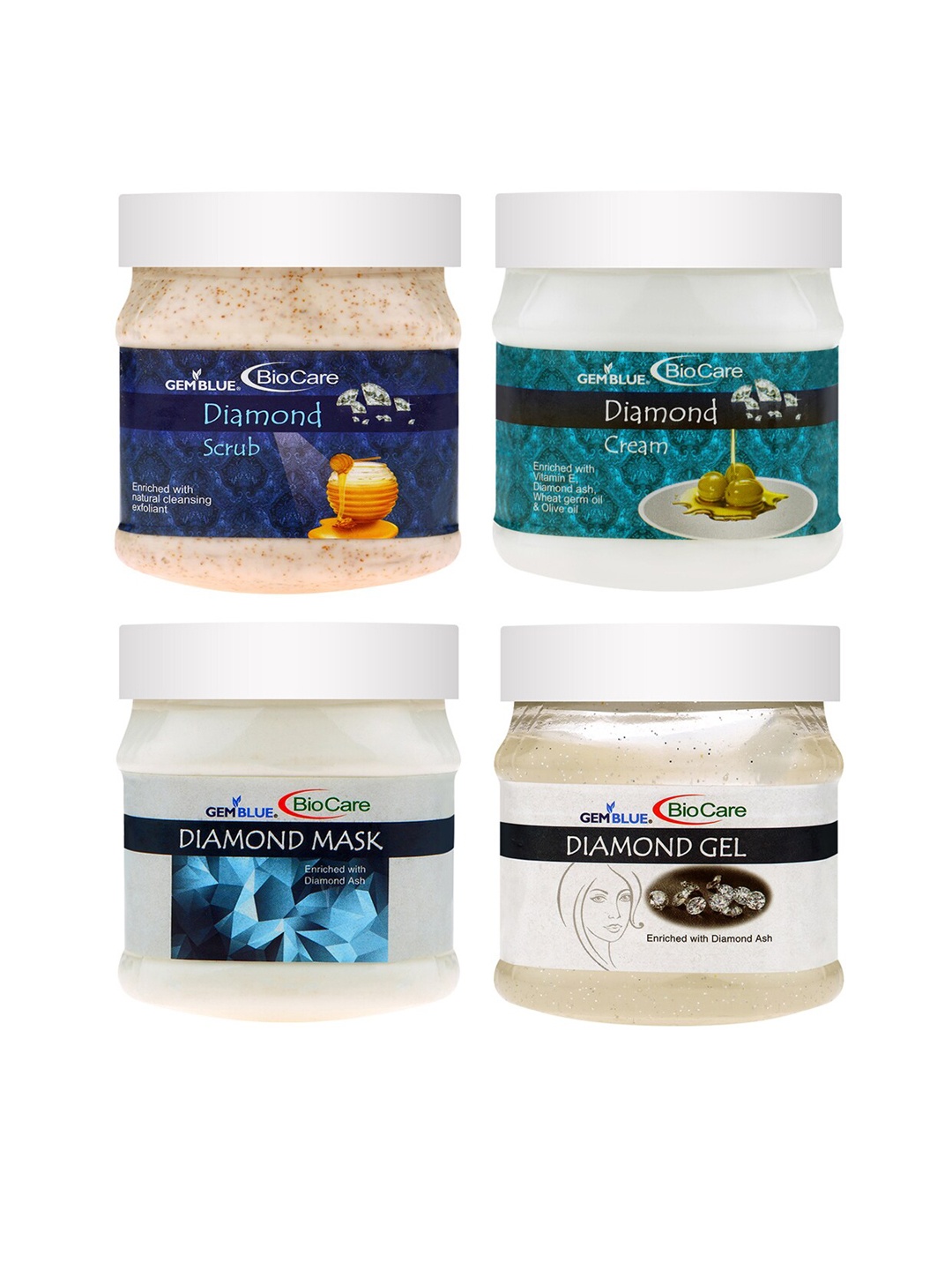 GEMBLUE BioCare Pack of 4 Diamond Scrub - Peel Off Mask - Cream & Gel - 500 ml each, White
GEMBLUE BioCare Pack of 4 Diamond Scrub - Peel Off Mask - Cream & Gel - 500 ml each, White