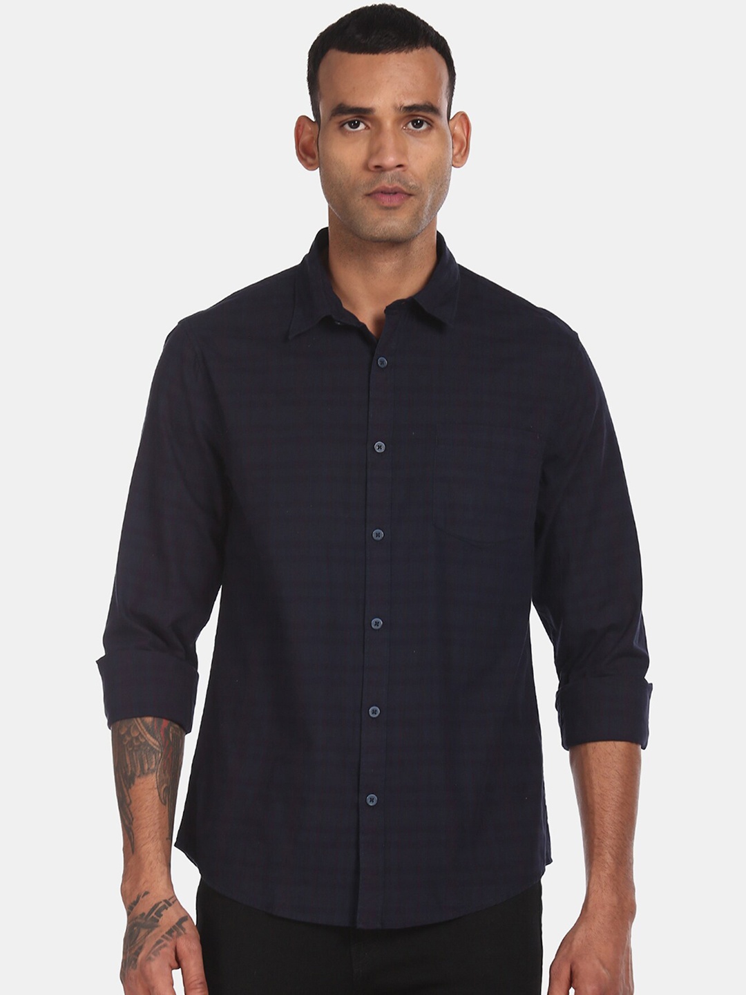 Ruggers Men Navy Blue & Red Checked Pure Cotton Shirt