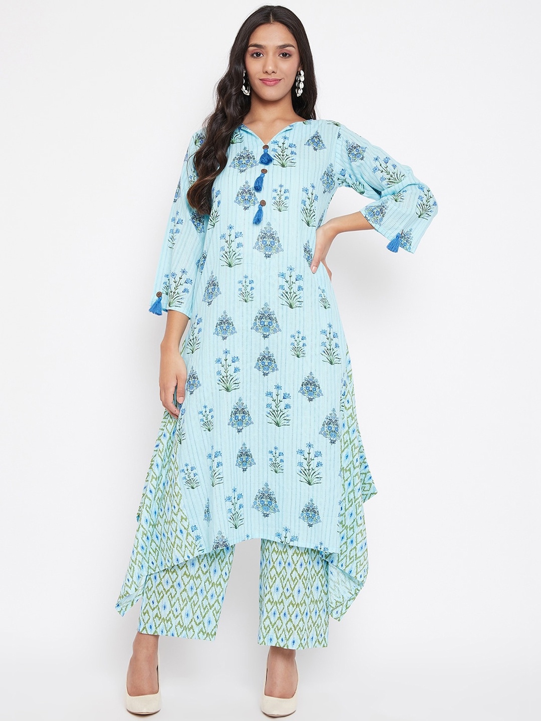 The Kaftan Company Women Turquoise Blue & Green Printed Kurta with Palazzos