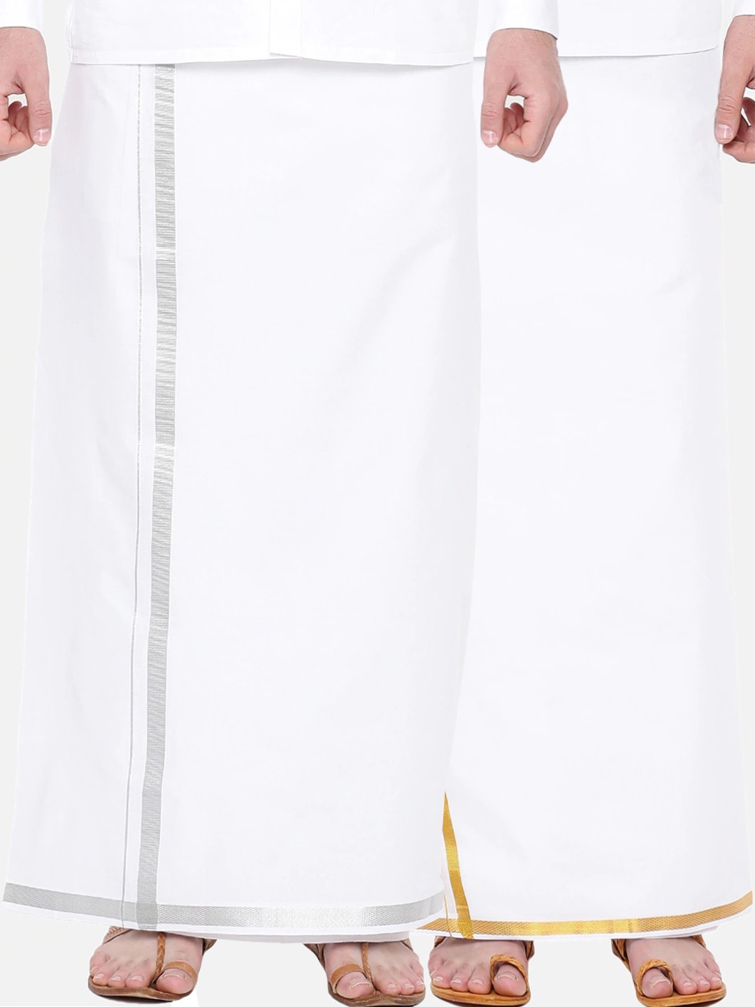 Ramraj Men Pack of 2 Pure Cotton Single Layer Dhoti with Silver & Gold Zari Border, White