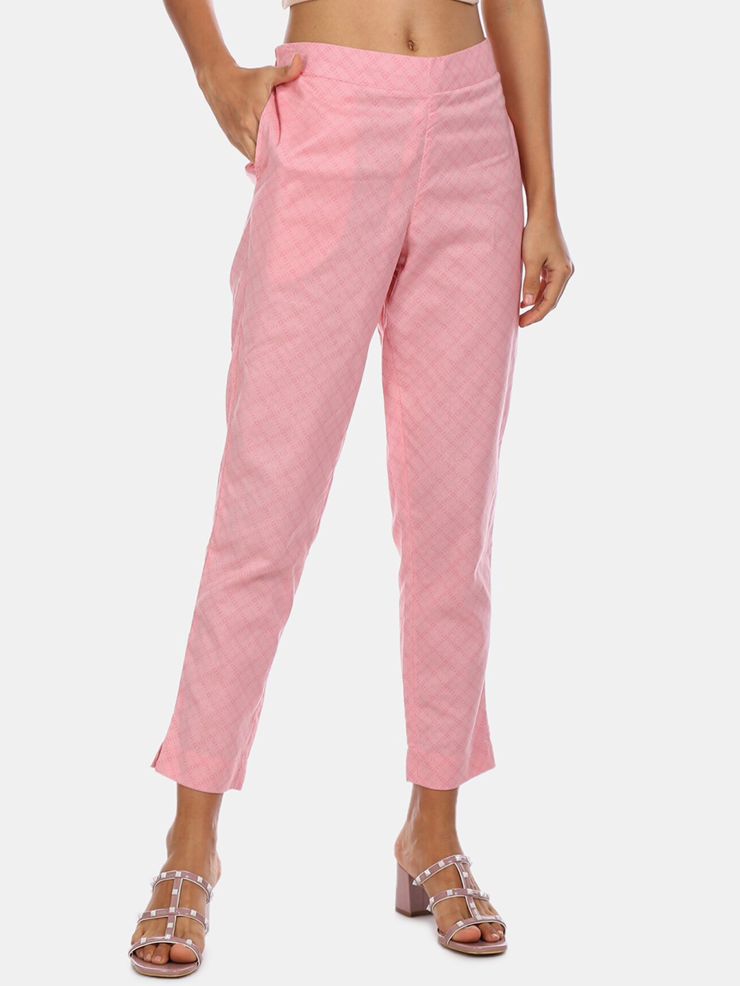 Karigari Women Pink Checked Regular Fit Cotton Cigarette Trousers