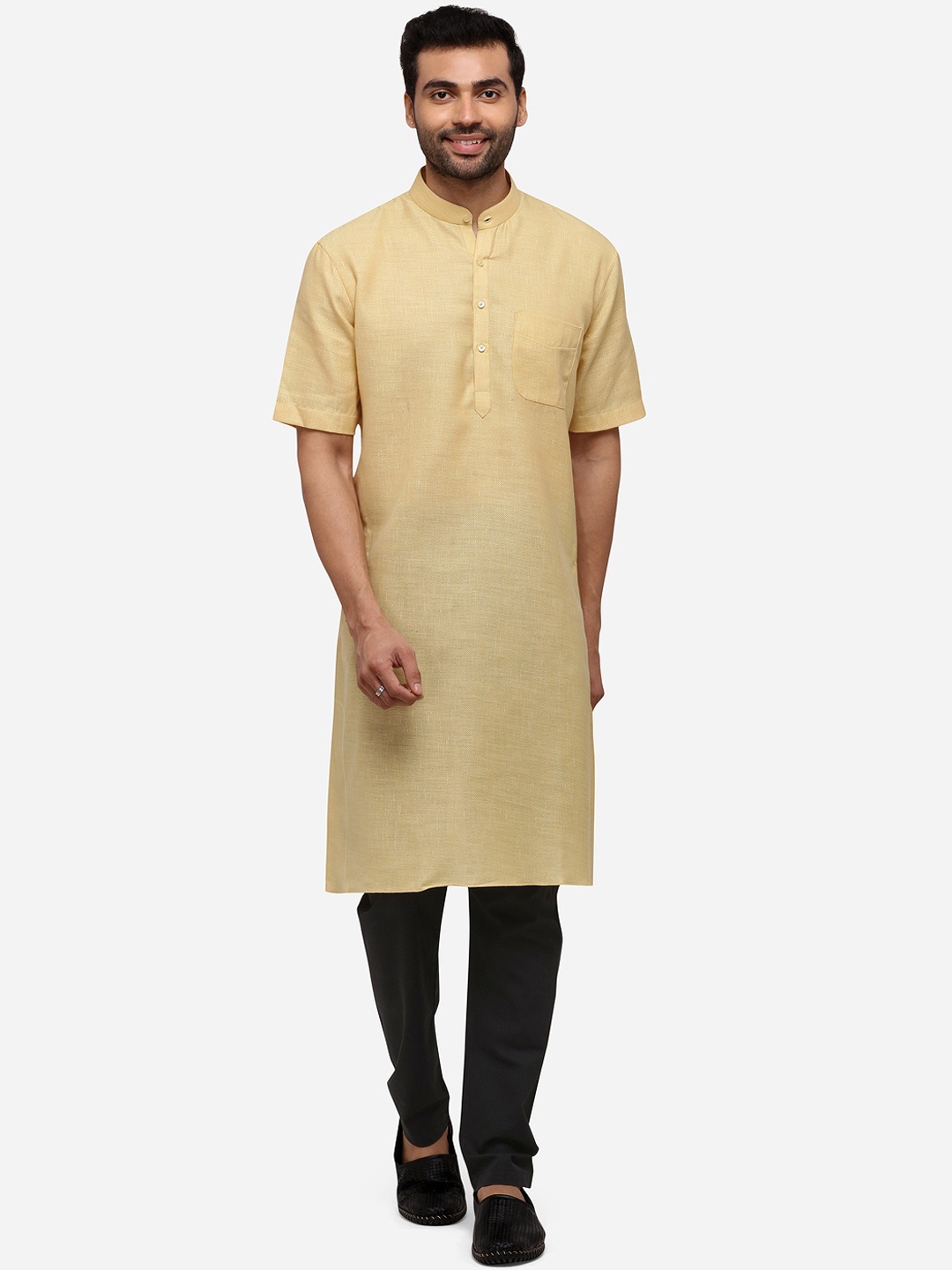 Modi Kurta Men Yellow Cotton Blend Kurta