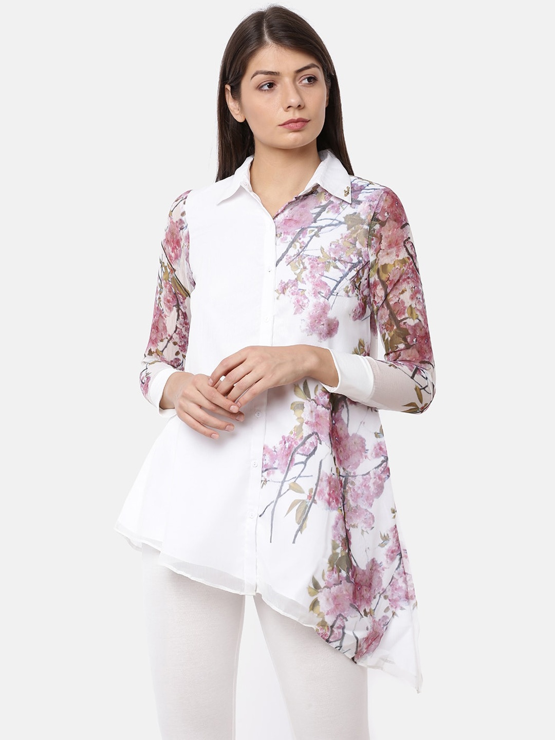 Ira Soleil White & Pink Floral Printed Georgette Shirt Style Top