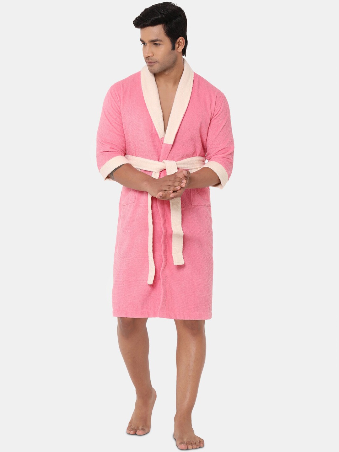 SPACES Unisex Pink Solid Cotton 300 GSM Bath Robe