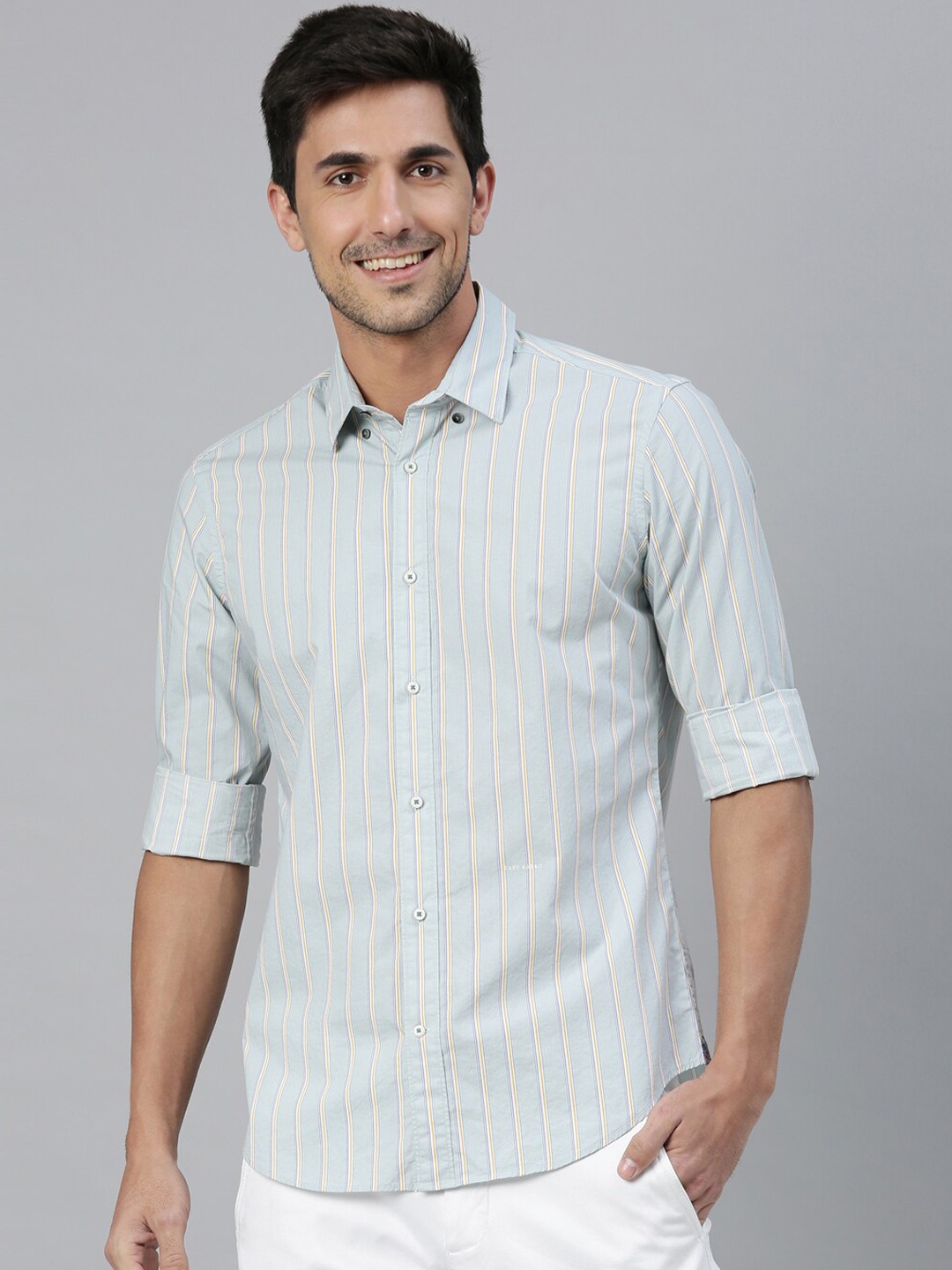 RARE RABBIT Men Blue & Yellow Slim Fit Striped Casual Shirt