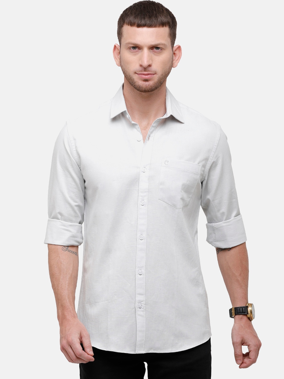 CAVALLO by Linen Club Men Grey Cotton Linen Regular Fit Solid Casual Shirt