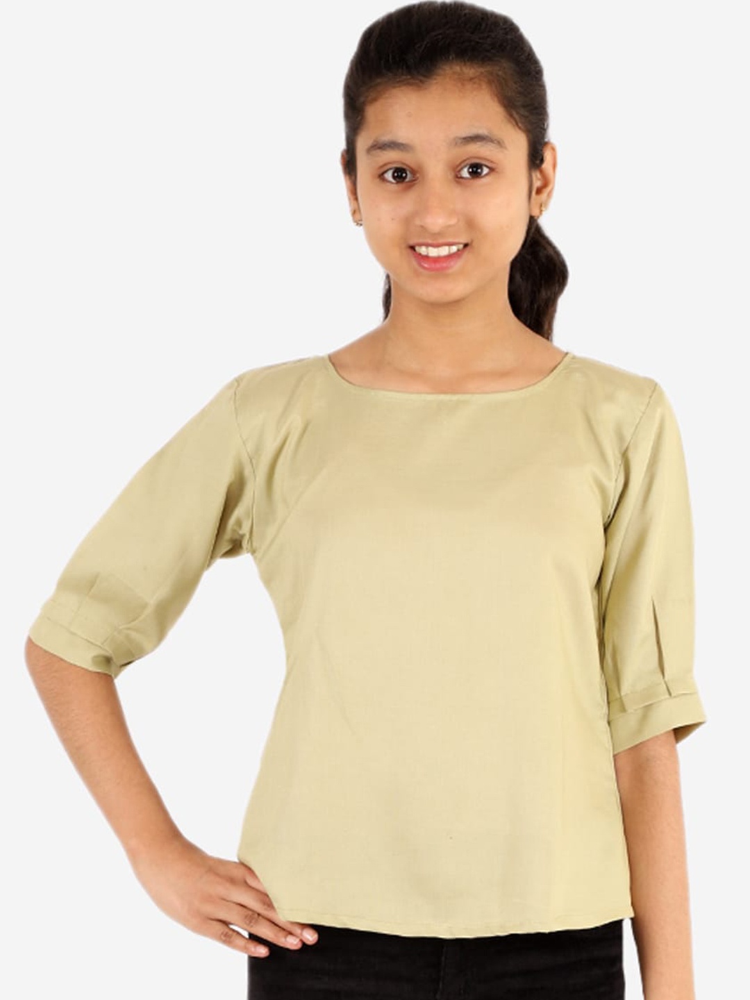 YK Girls Olive Green Solid Regular Top