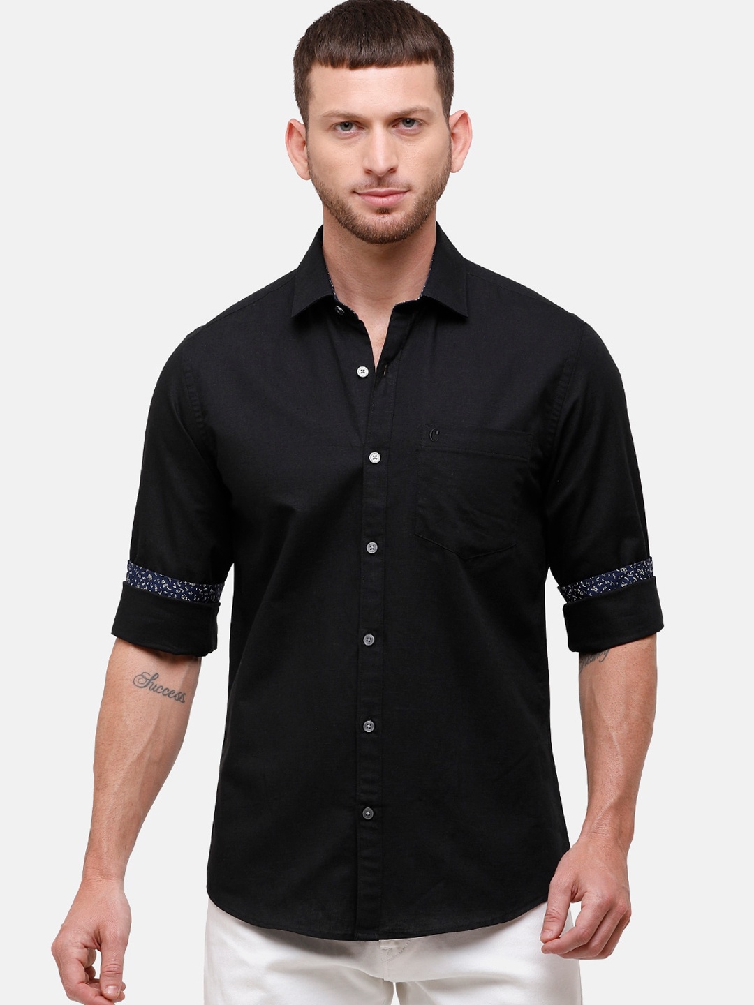 CAVALLO by Linen Club Men Black Cotton Linen Regular Fit Solid Casual Shirt