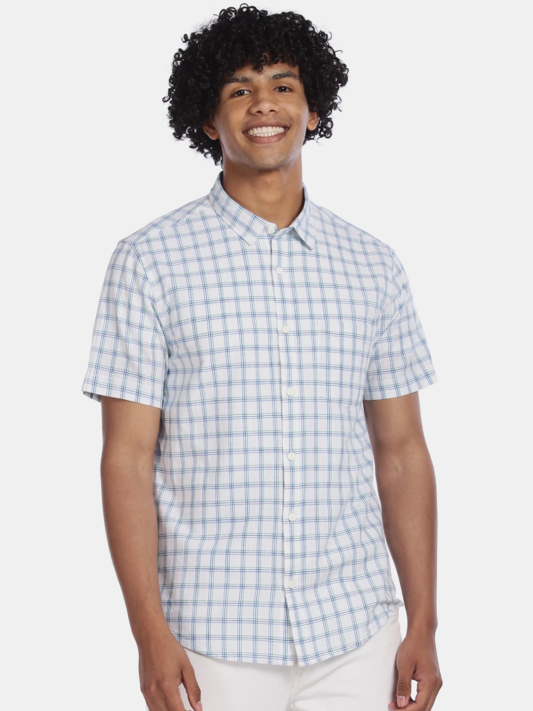 Ruggers Men White & Blue Checked Pure Cotton Casual Shirt