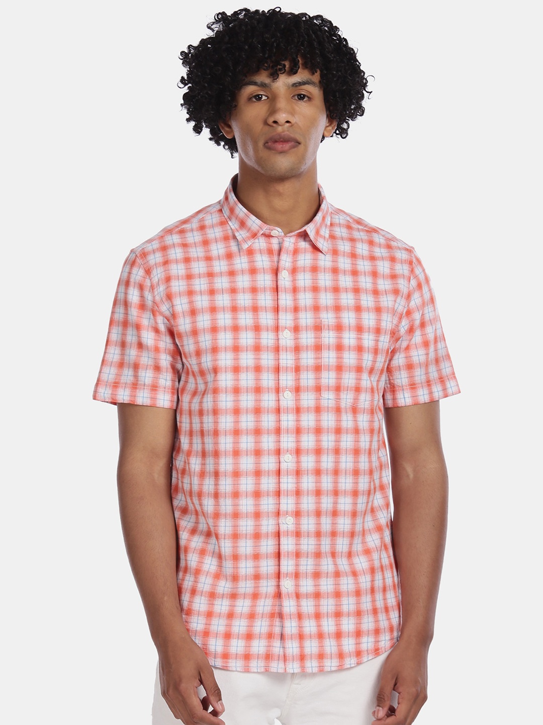 Ruggers Men Orange & White Checked Pure Cotton Casual Shirt