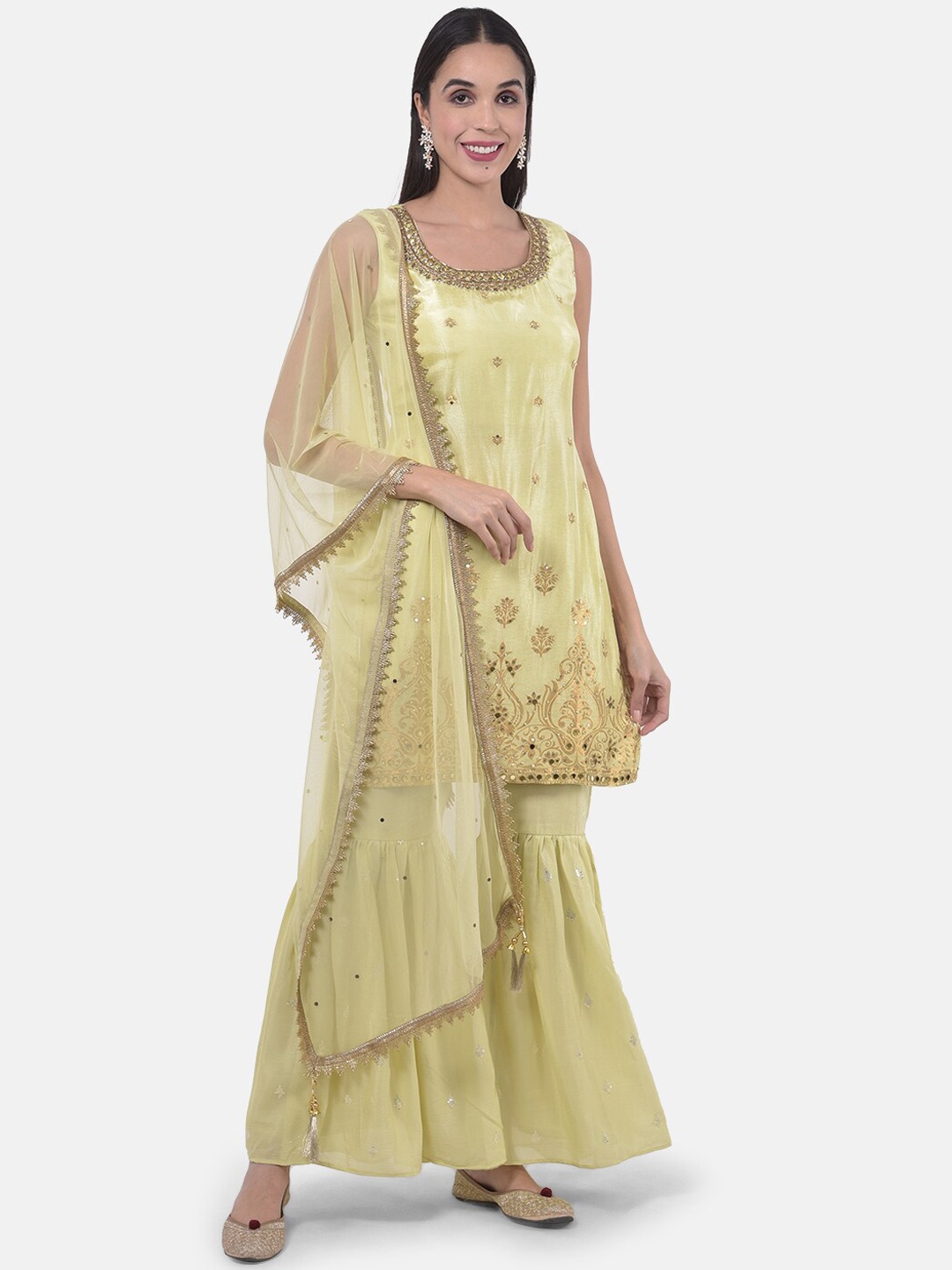 Neerus Women Olive Green Embroidered Kurti with Sharara & Dupatta