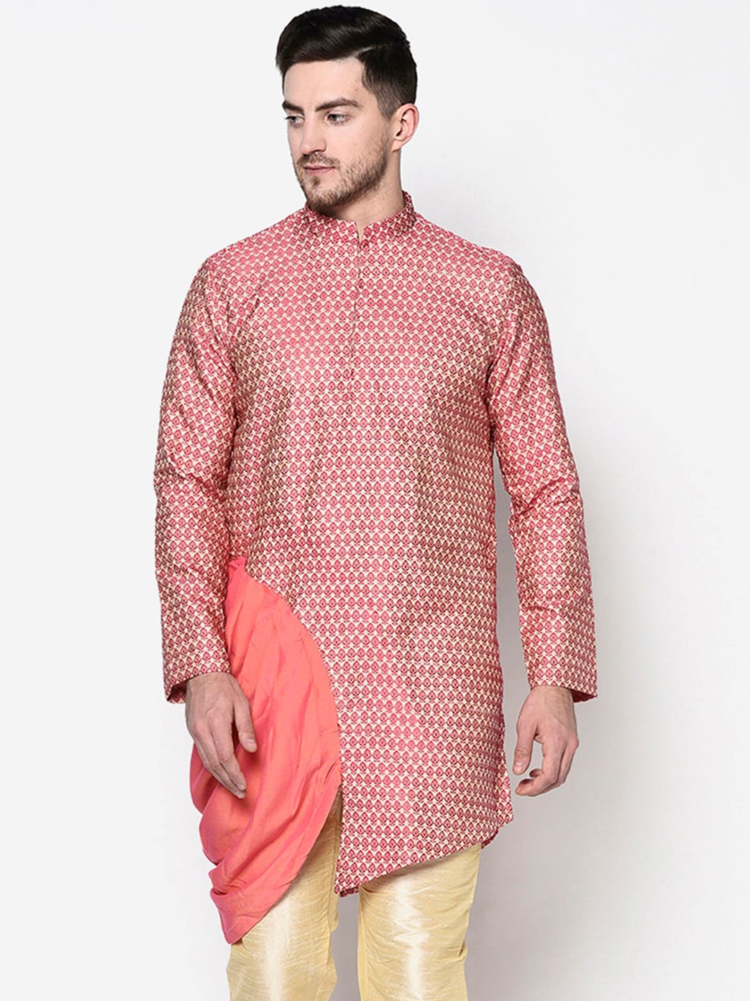 DEYANN Men Coral Jacquard Silk Kurta