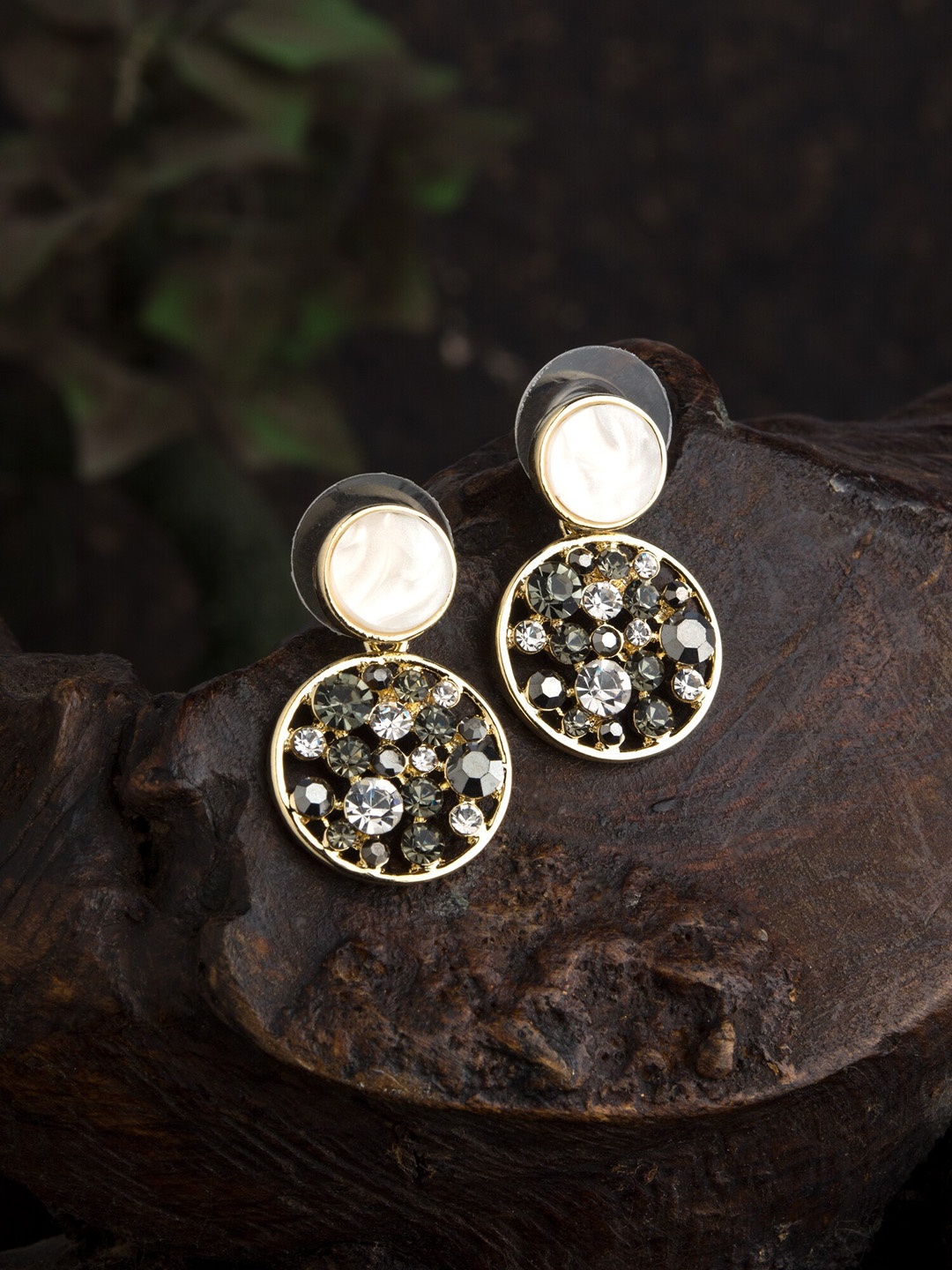 E2O Gold-Plated Stone Studded Circular Drop Earrings