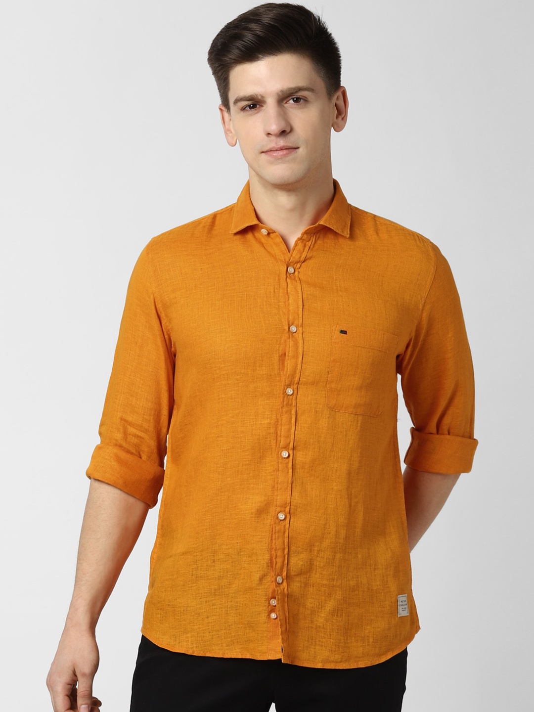 Peter England Men Orange Slim Fit Solid Casual Shirt