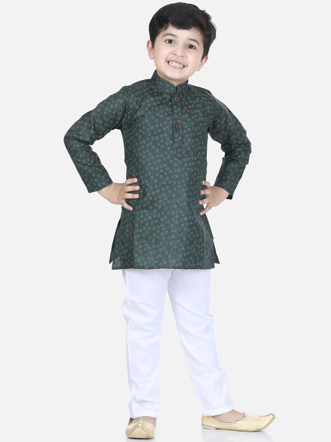 Kidling Boys Green & White Printed Kurta with Pyjamas
