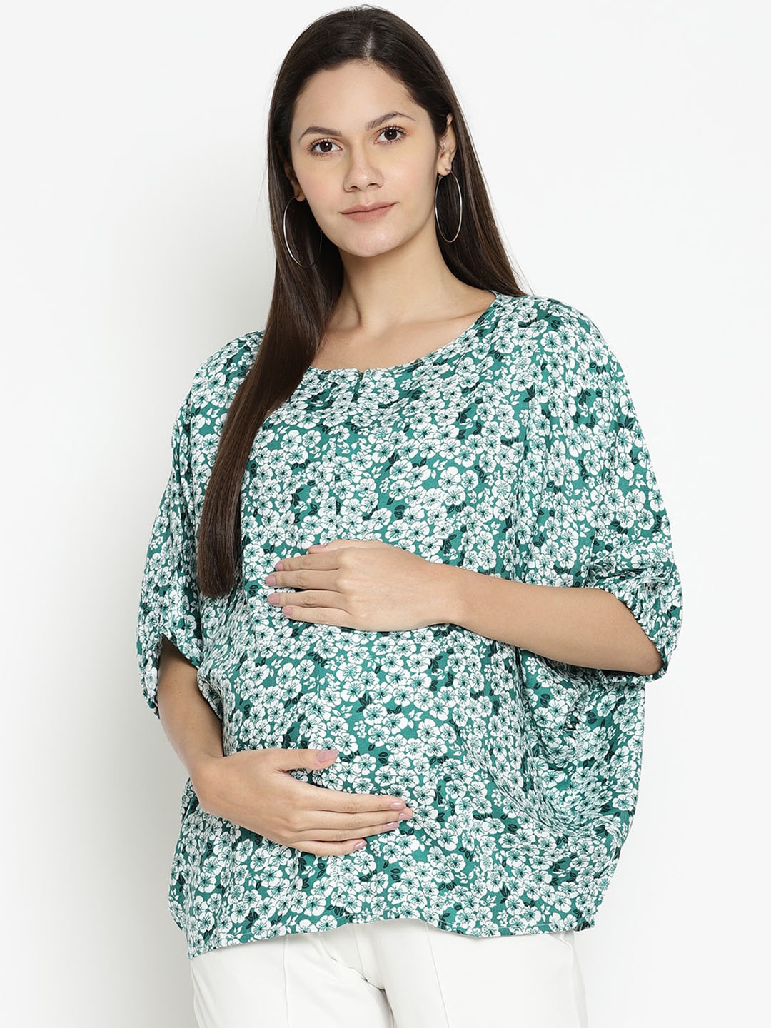 The Vanca Green & White Floral Printed Maternity Blouson Top