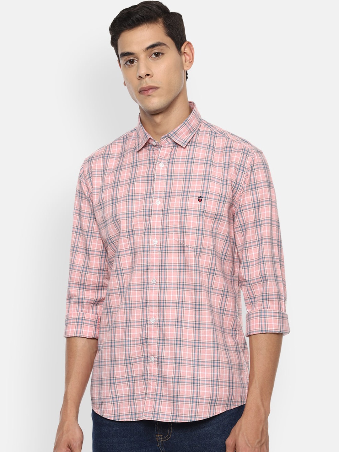 Louis Philippe Jeans Men Pink & Navy Blue Slim Fit Checked Casual Shirt