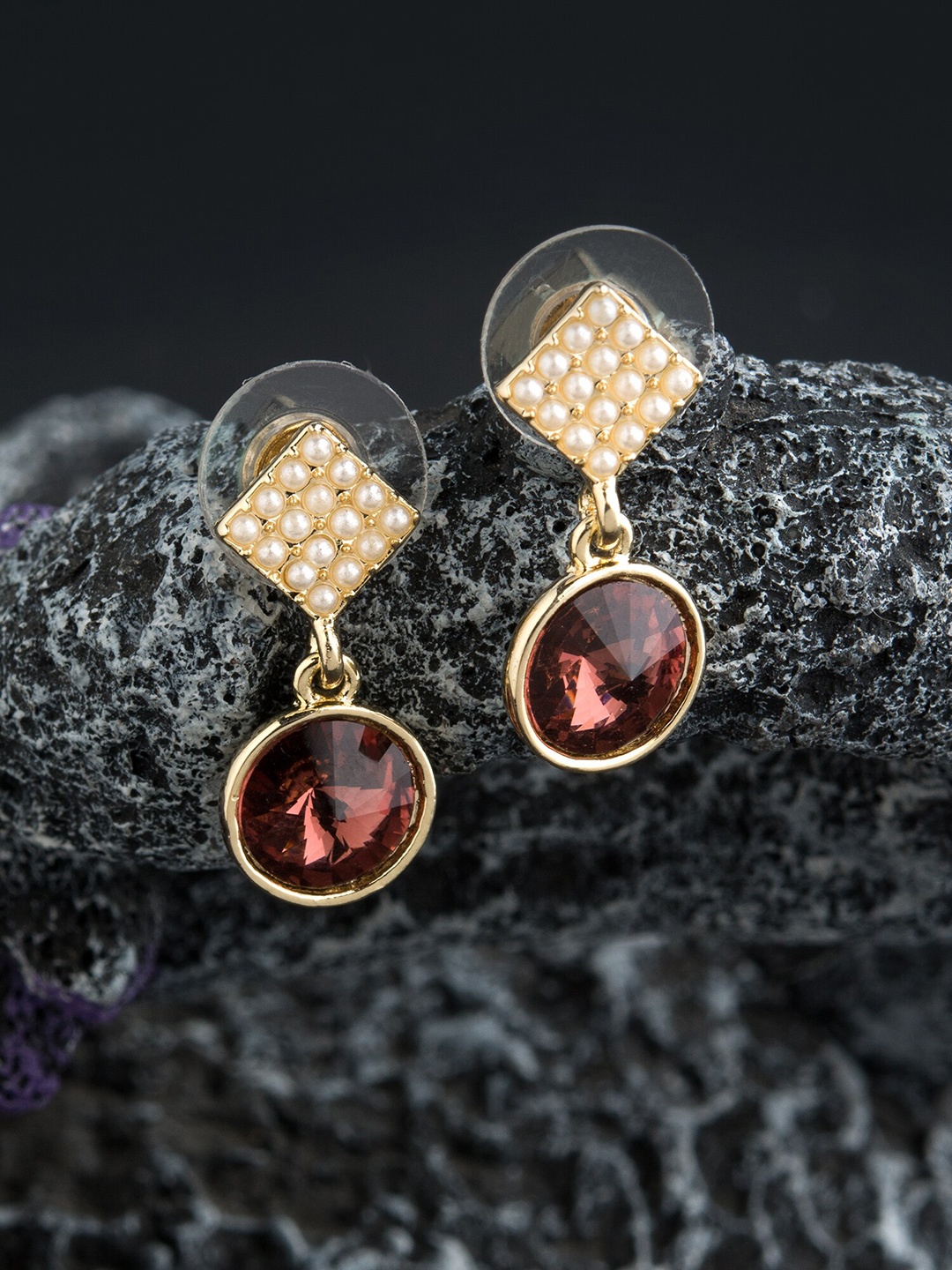 E2O Gold-Plated & Brick Red Geometric Drop Earrings