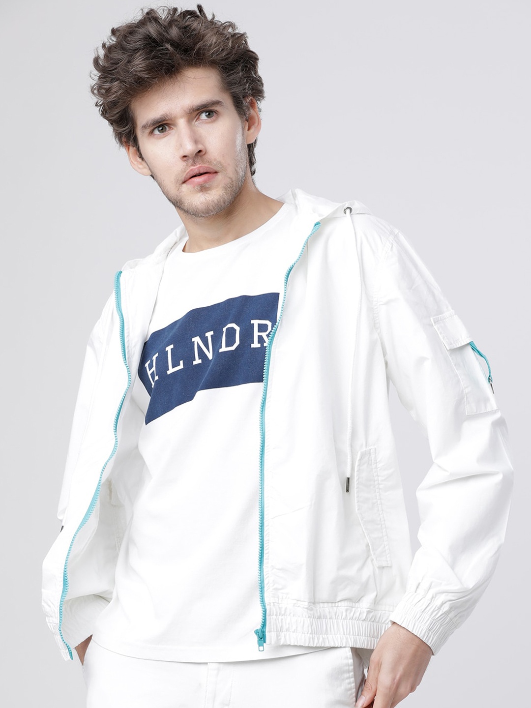 LOCOMOTIVE Men White Solid Poplin Bomber Jacket