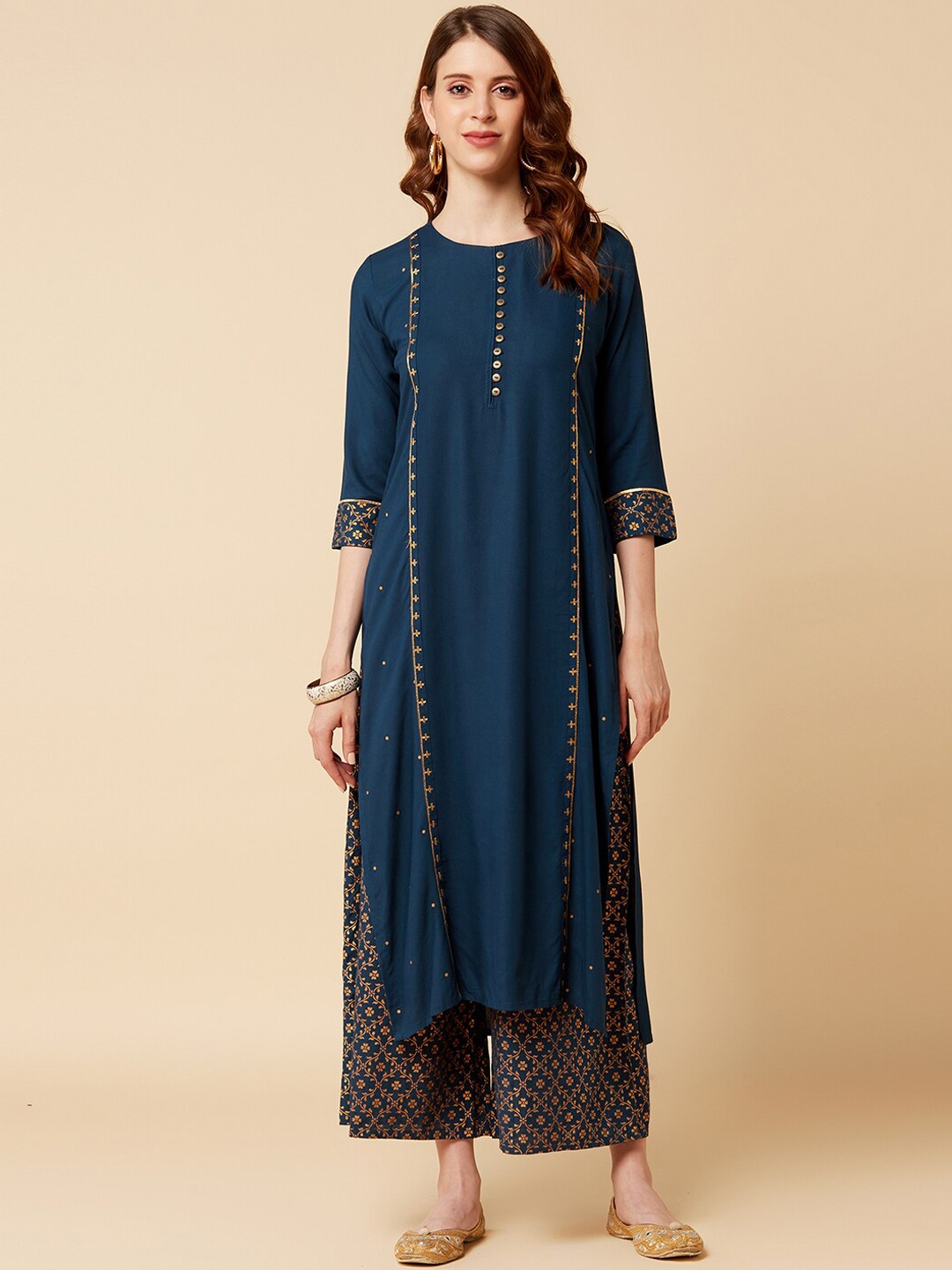Varanga Women Teal & Beige Solid Kurta with Palazzos