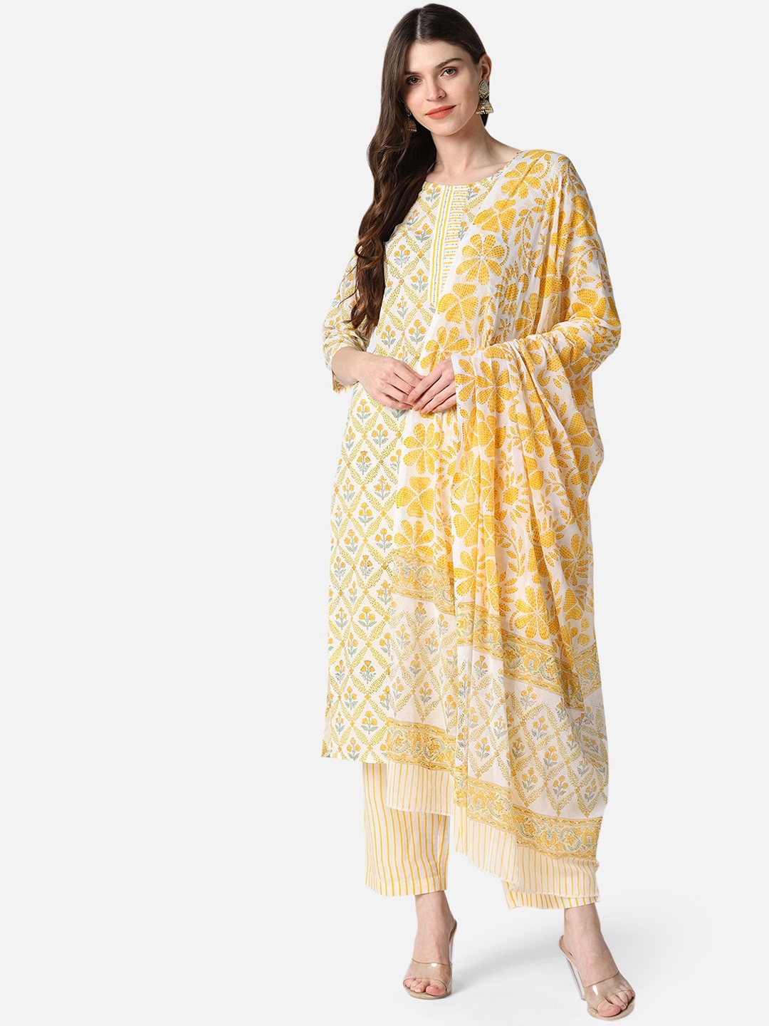 AHIKA Women Yellow Ethnic Motifs Printed Regular Pure Cotton Kurta with Trousers & With Dupatta
AHIKA Women Yellow Ethnic Motifs Printed Regular Pure Cotton Kurta with Trousers & With Dupatta