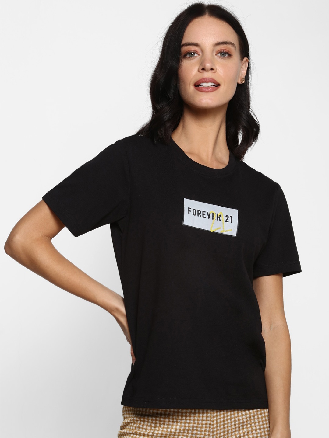 FOREVER 21 Black Brand Logo Printed Regular Top