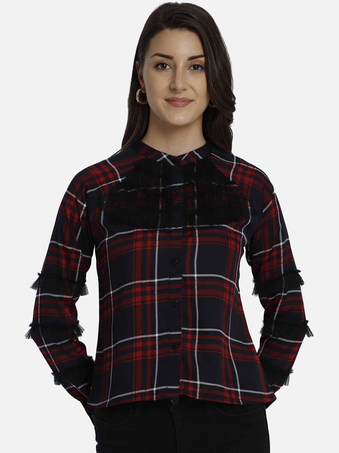 Yaadleen Black & Red Checked Crepe Shirt Style Top