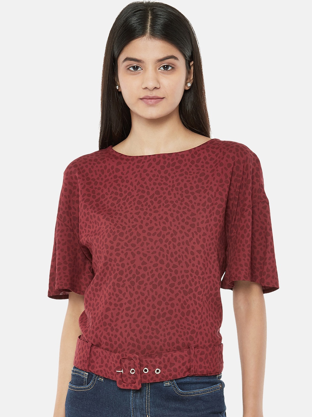 People Maroon Printed Regular Top