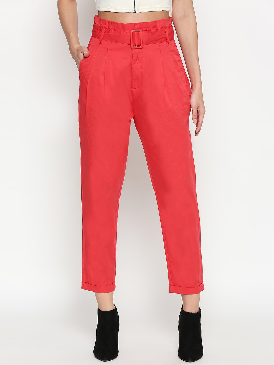 People Women Red Regular Fit Solid Pure Cotton Regular Trousers, Pink