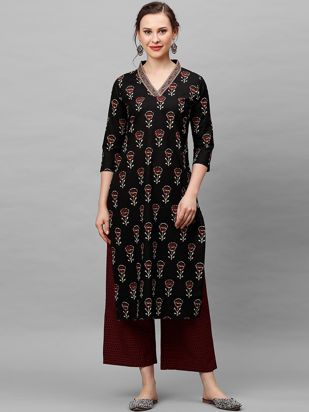 Indo Era Women Black & Maroon Printed Pure Cotton Kurta with Palazzos