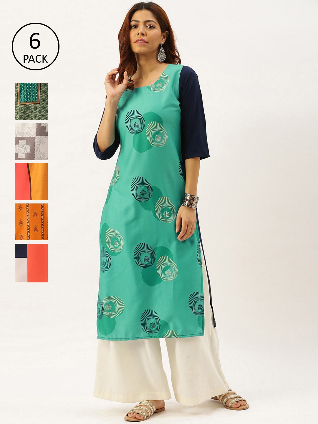 7Threads Women Multicoloured Set of 6 Geometric Printed Crepe Kurta, Multi