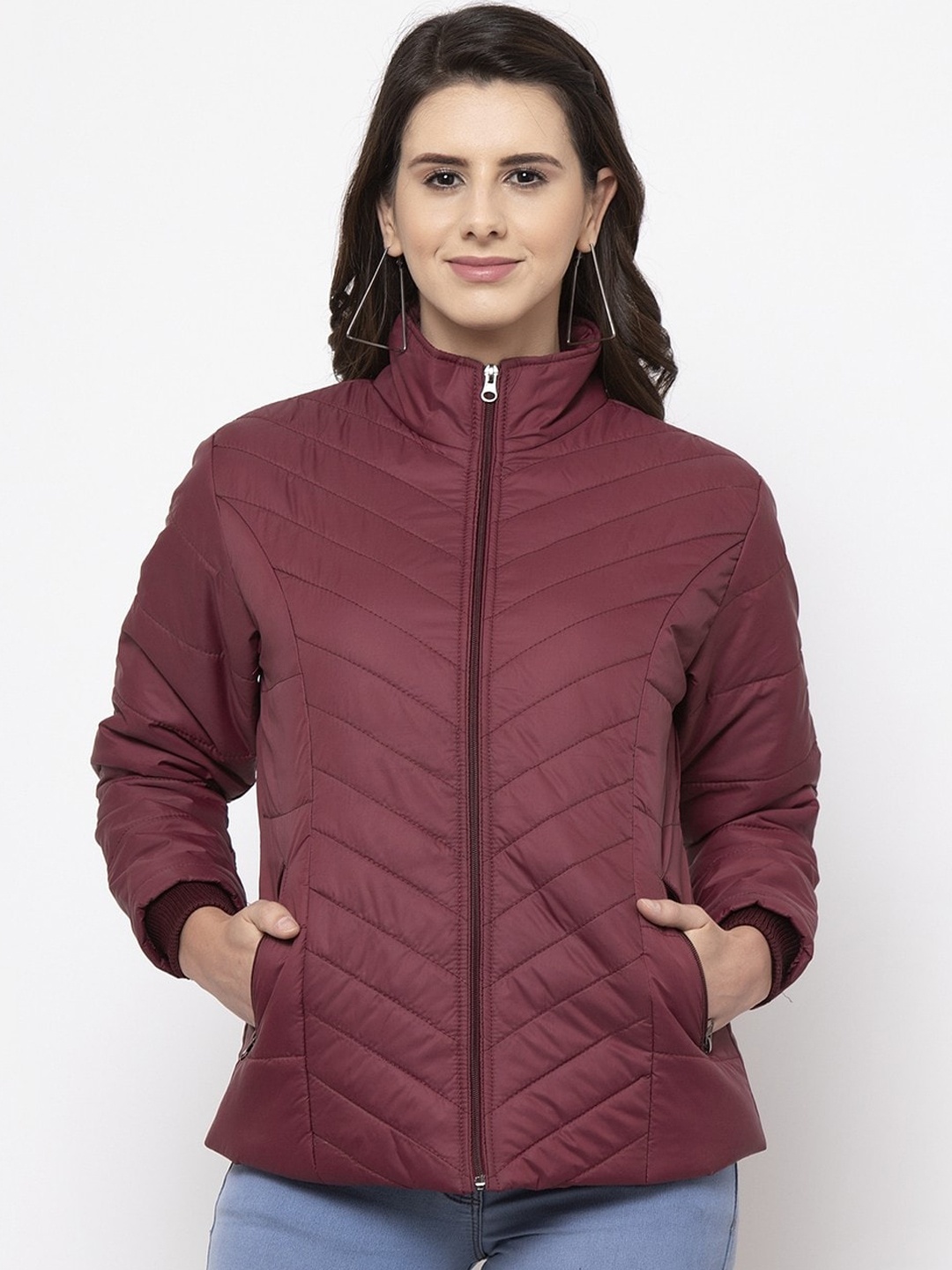 VOXATI Women Maroon Solid Quilted Jacket
