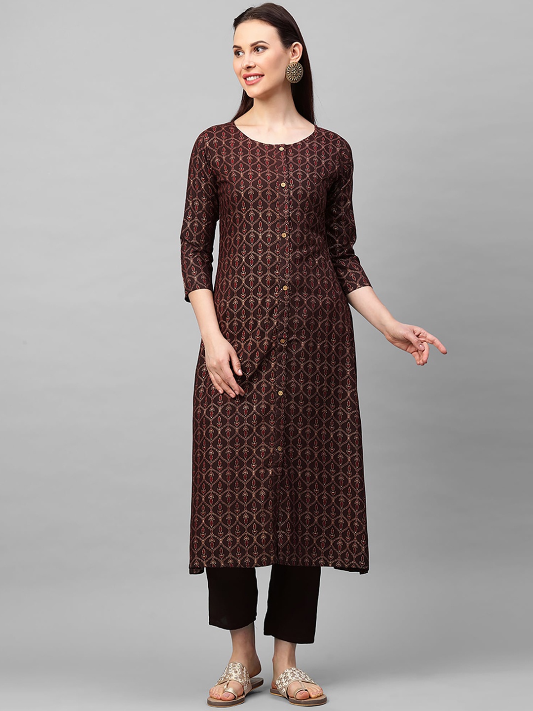 Indo Era Women Brown Printed A-Line Kurta with Trousers
