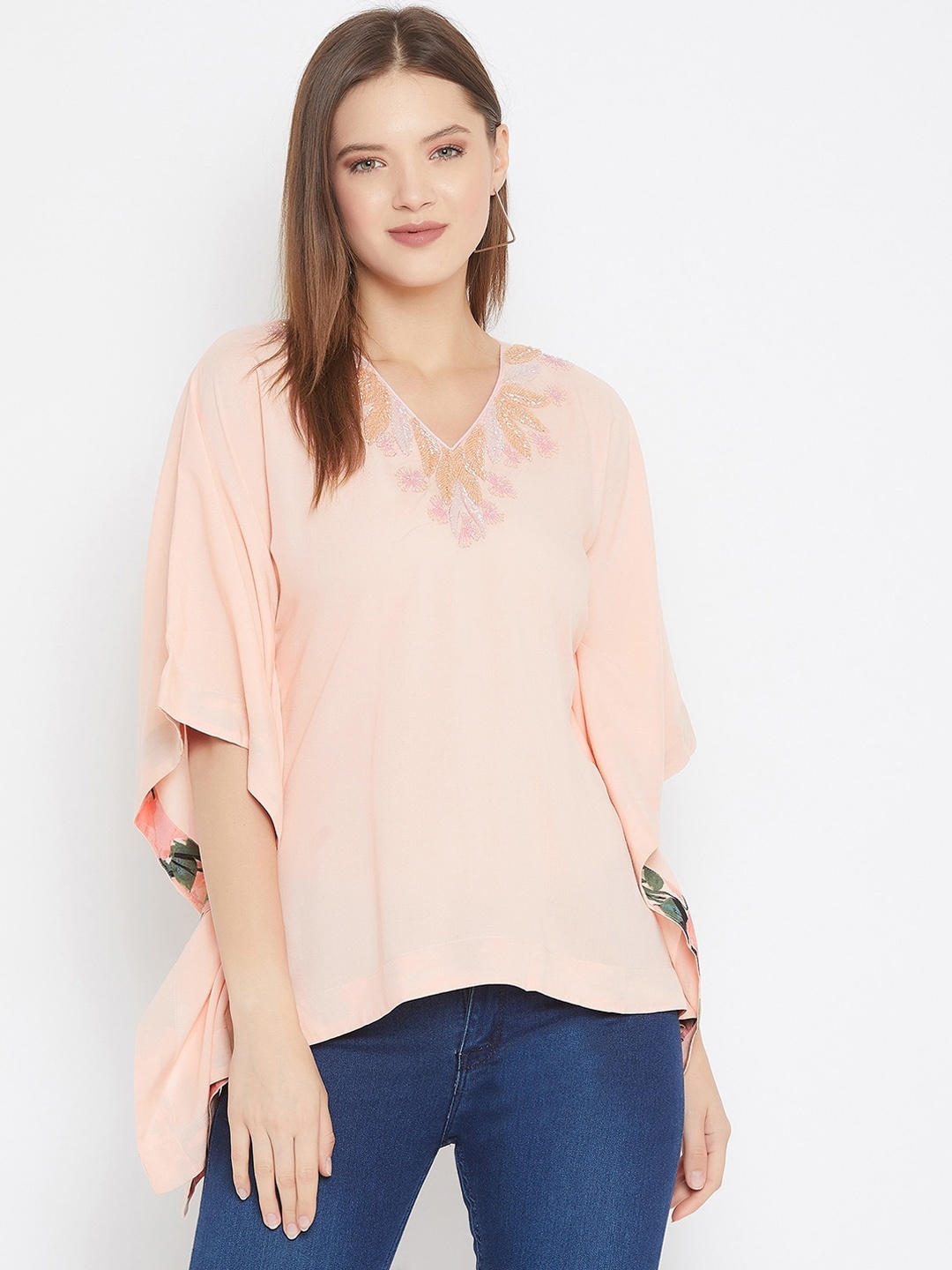 The Kaftan Company Pink Floral Hand Embroidered Kaftan Top