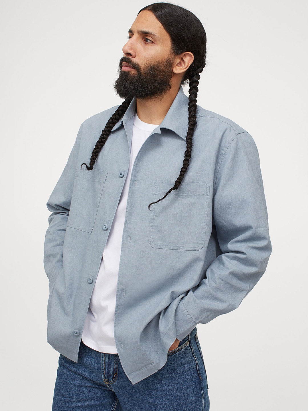H&M Men Blue Solid Linen-Blend Shirt Jacket