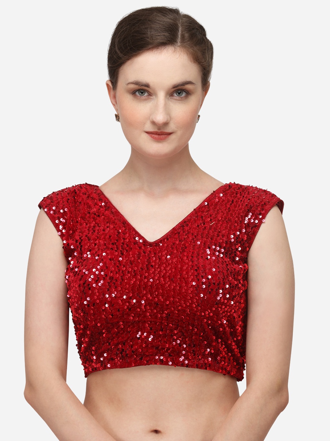 Nanda Silk Mills Women Red Sequin Embellished Silk Saree Blouse