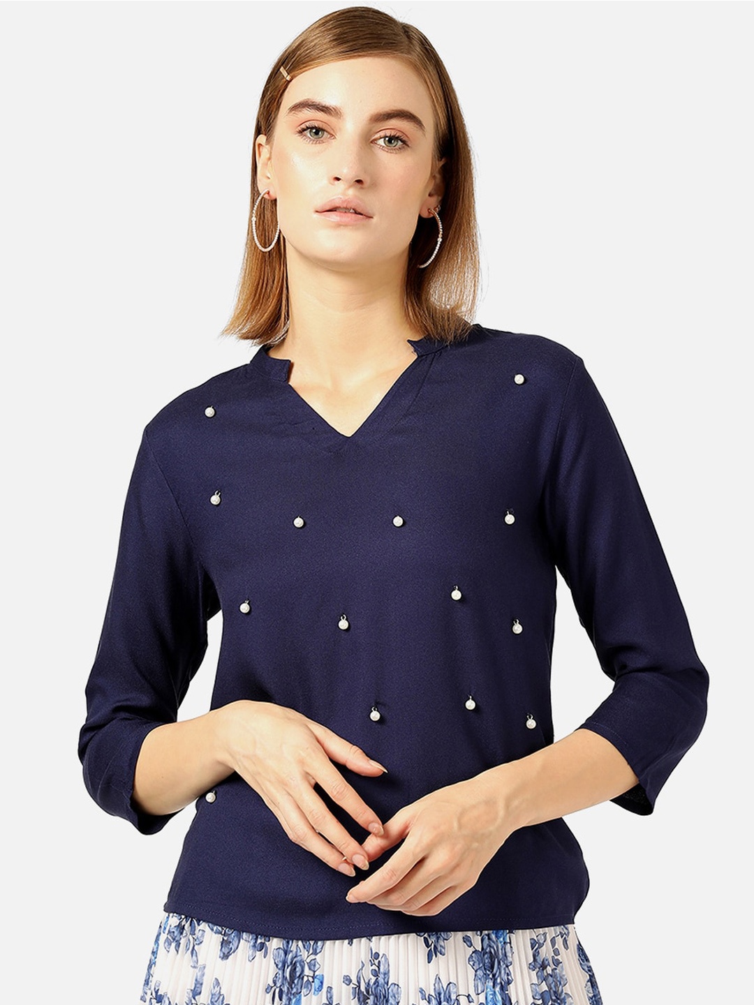 V2 Value & Variety Navy Blue Embellished Mandarin Collar Regular Top