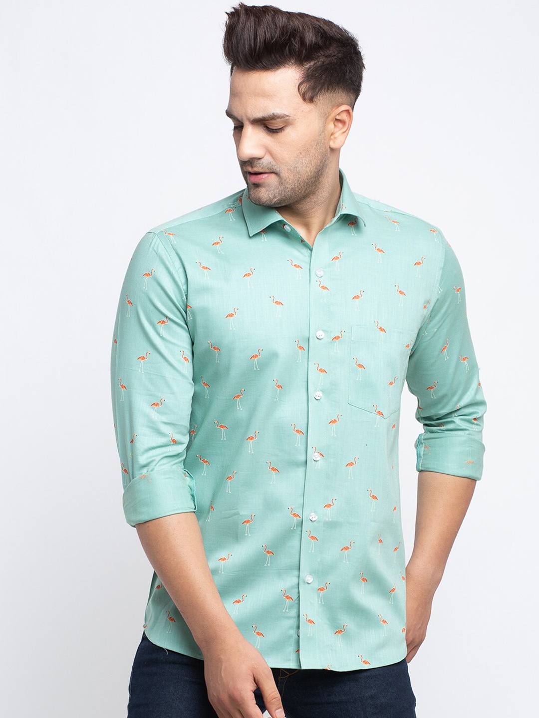 Ennoble Men Sea Green & Orange Slim Fit Printed Casual Shirt