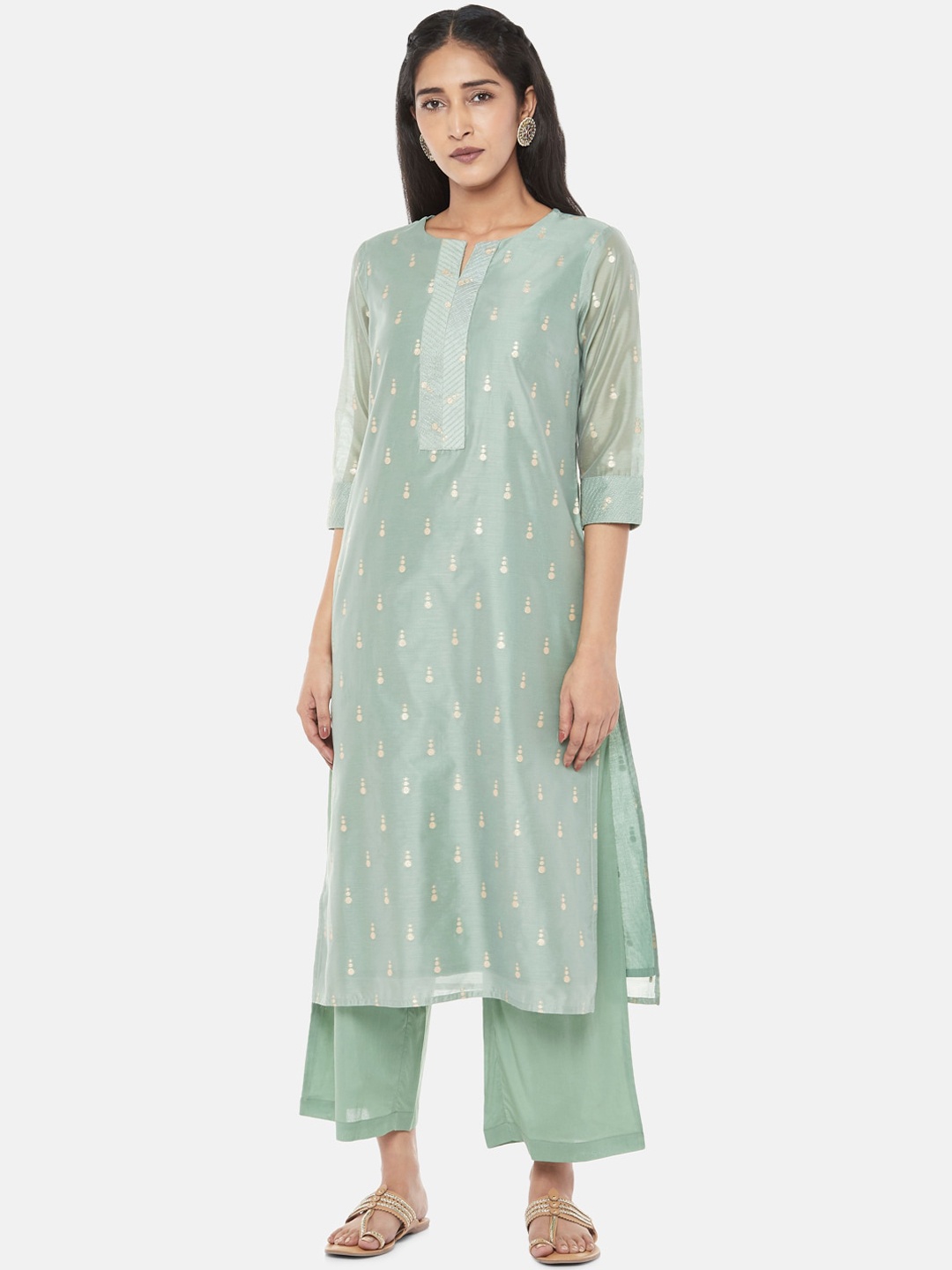 RANGMANCH BY PANTALOONS Women Pastel Green & Gold-Toned Woven Design Kurta with Palazzos
RANGMANCH BY PANTALOONS Women Pastel Green & Gold-Toned Woven Design Kurta with Palazzos
