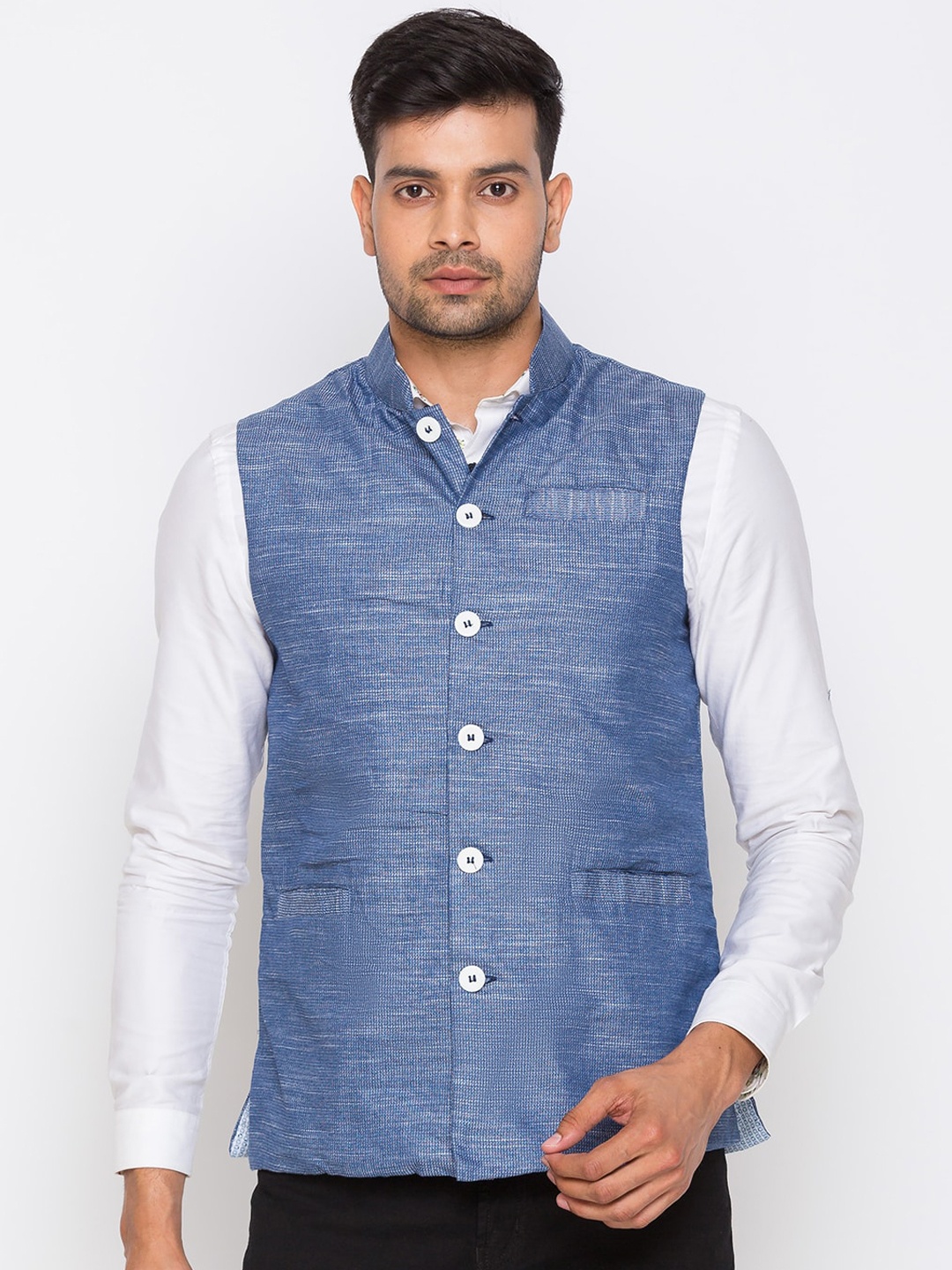 Nick&Jess Men Blue Textured Pure Cotton Nehru Jacket