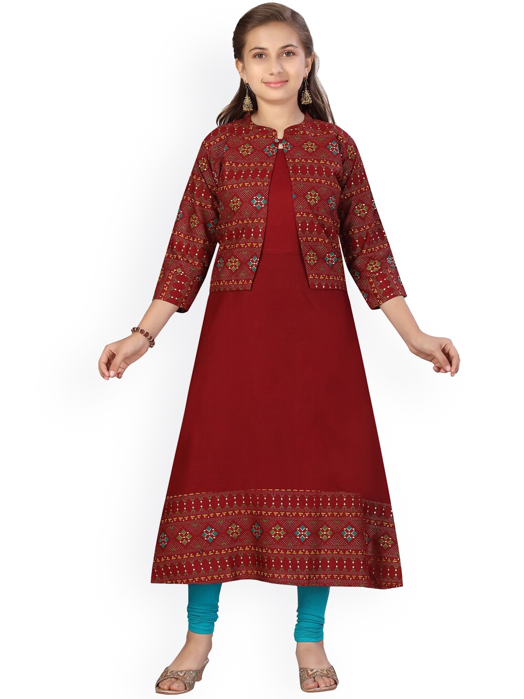Aarika Girls Maroon & Blue Printed Kurta with Churidar