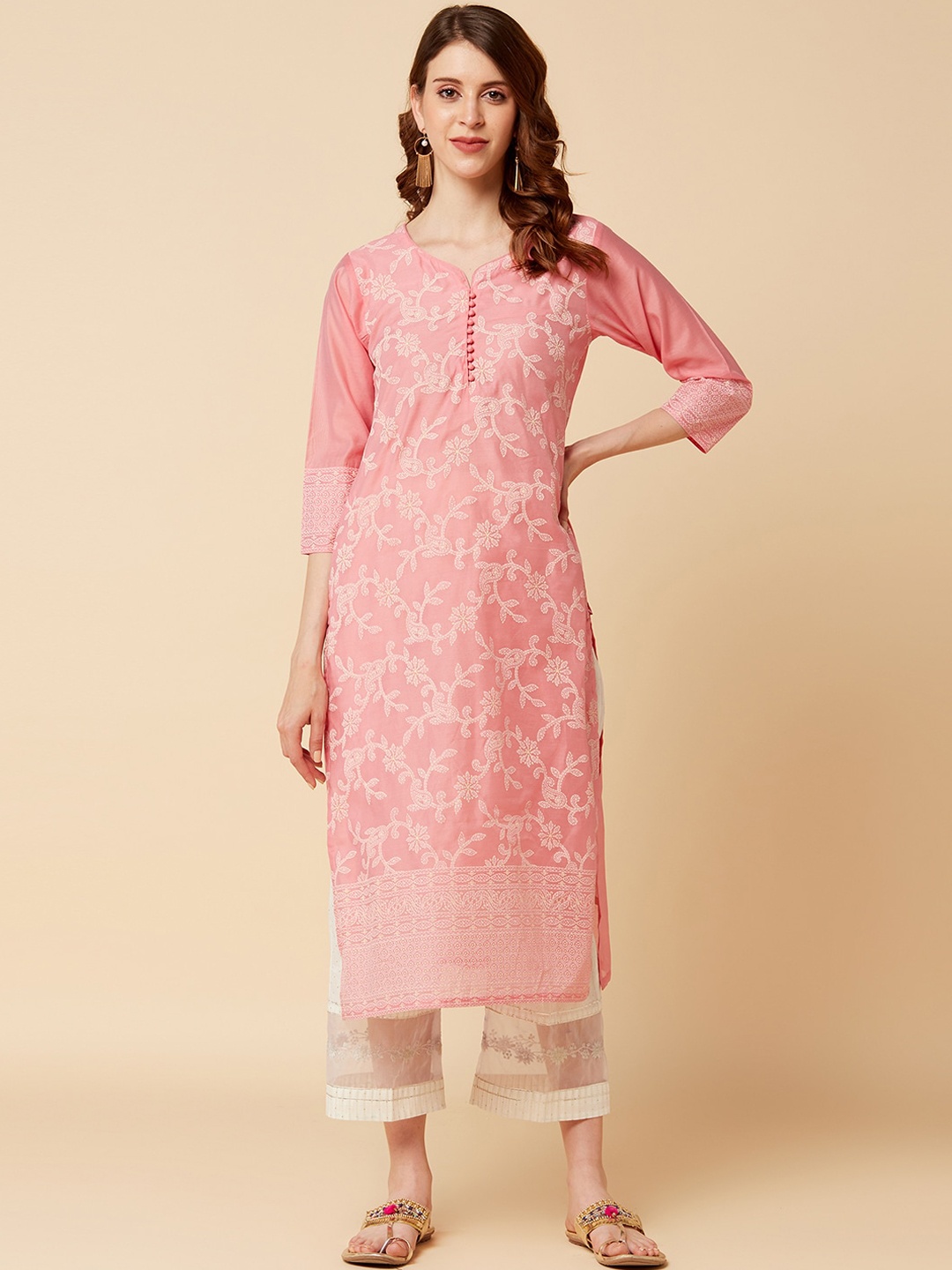 Varanga Women Pink Embroidered Cold-Shoulder Sleeves Chikankari Chanderi Silk Kurta