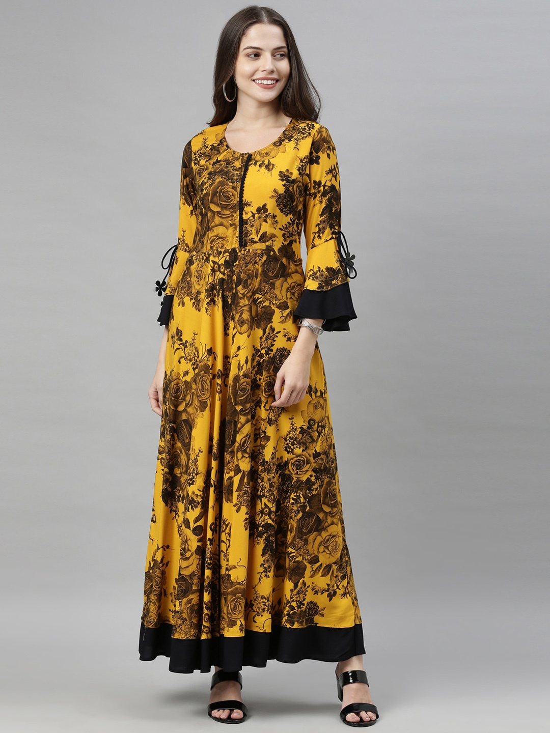 Neerus Women Mustard Floral Printed Bell Sleeves Floral Anarkali Kurta