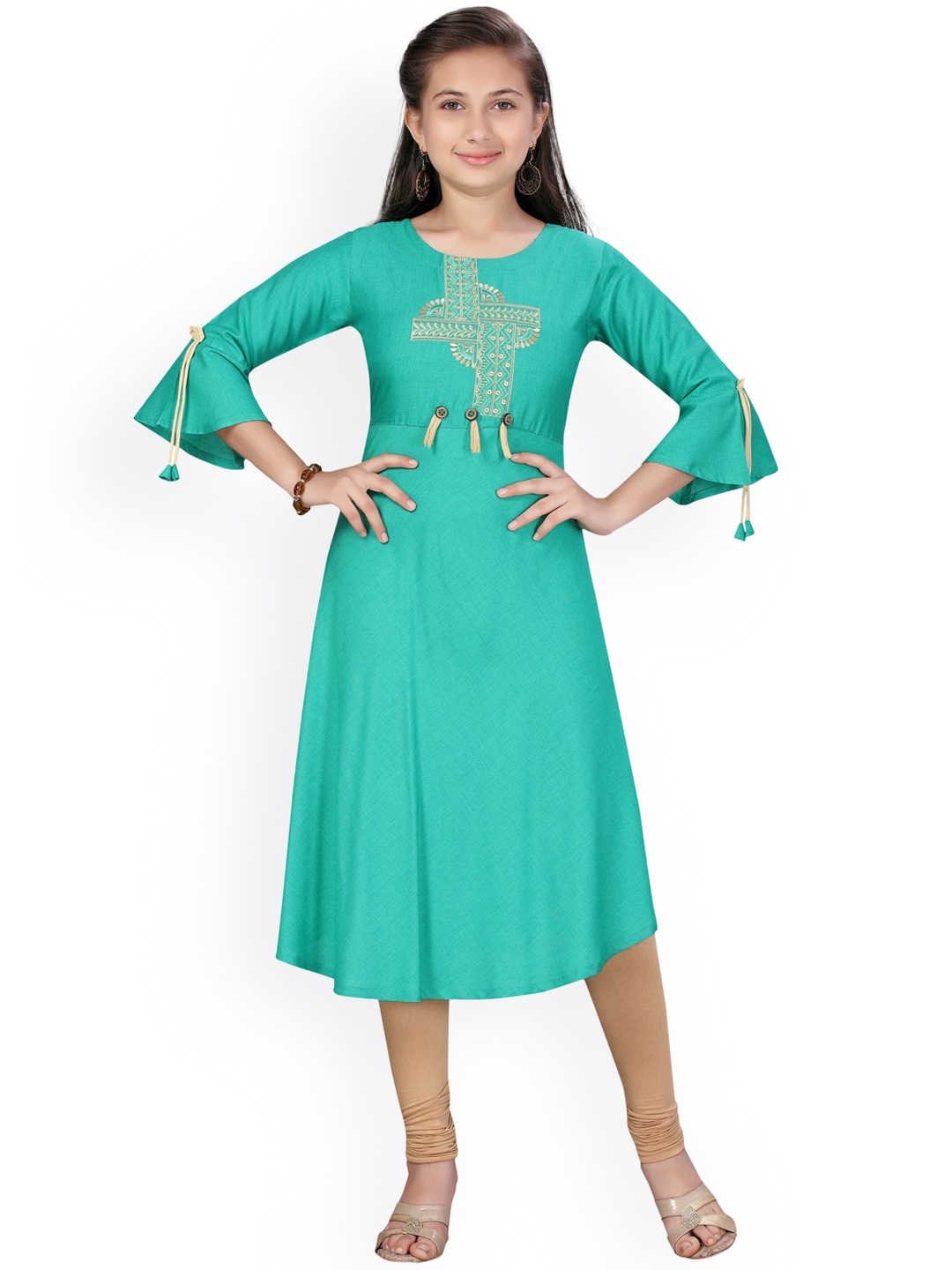Aarika Girls Green Yoke Design Pleated A-Line Pure Cotton Kurta with Churidar