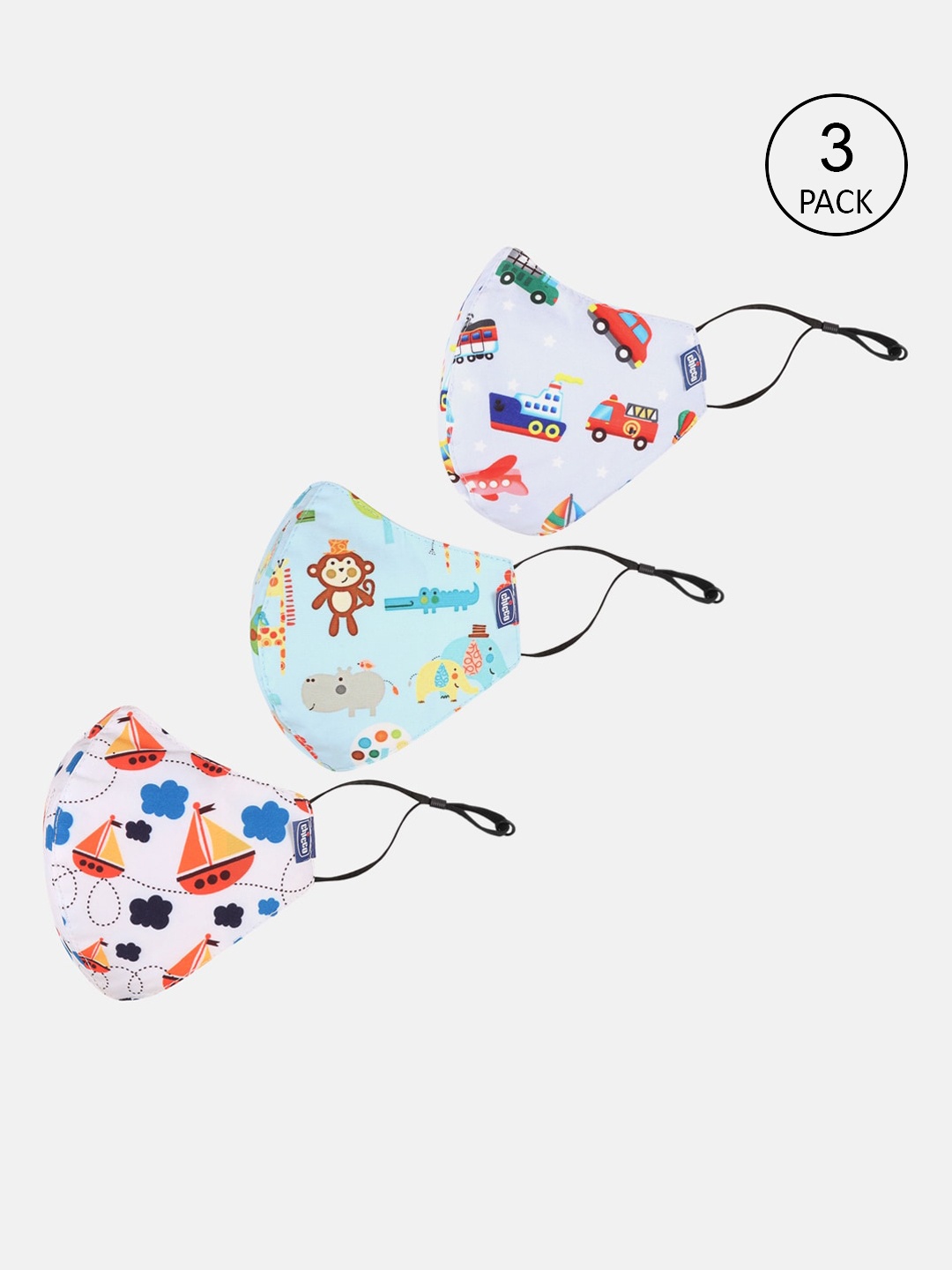 Chicco Kids Pack of 3 Printed 6-Ply Reusable Protective Outdoor Masks, Blue